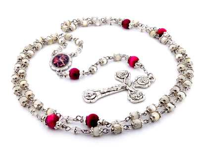 Saint Michael the Archangel mother of pearl and pink tigers eye unique rosary beads with Four Basilica crucifix.