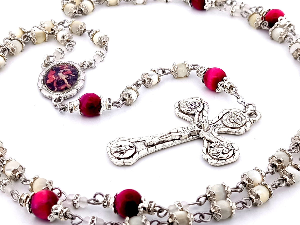 Saint Michael the Archangel mother of pearl and pink tigers eye unique rosary beads with Four Basilica crucifix.