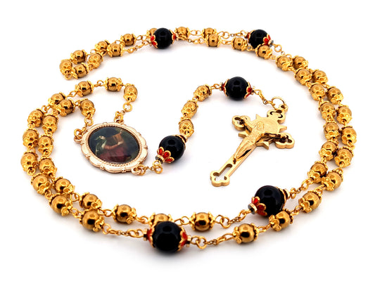 Saint Mary Magdalene gold hematite and onyx gemstone unique rosary beads with gold plated Saint Benedict crucifix.