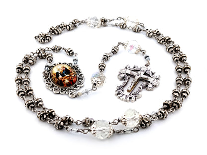 Coronation of Mary faceted glass and cubic zirconia rosary beads with filigree crucifix.