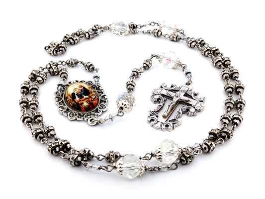 Coronation of Mary faceted glass and cubic zirconia rosary beads with filigree crucifix.