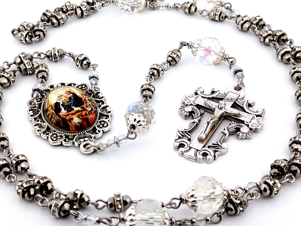 Coronation of Mary faceted glass and cubic zirconia rosary beads with filigree crucifix.