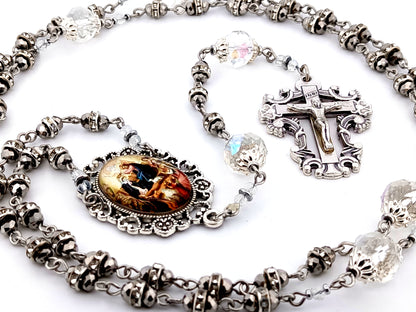 Coronation of Mary faceted glass and cubic zirconia rosary beads with filigree crucifix.