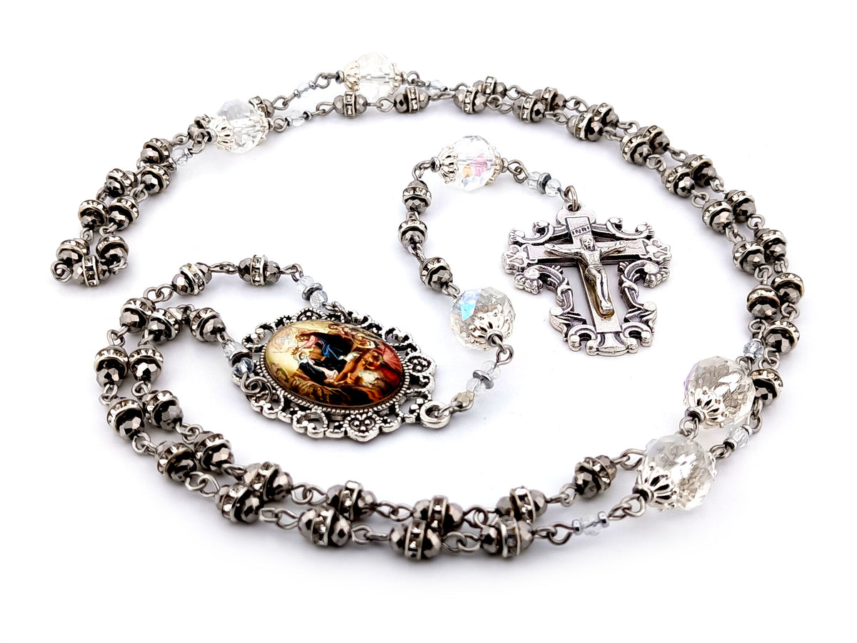Coronation of Mary faceted glass and cubic zirconia rosary beads with filigree crucifix.
