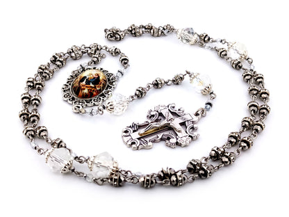 Coronation of Mary faceted glass and cubic zirconia rosary beads with filigree crucifix.