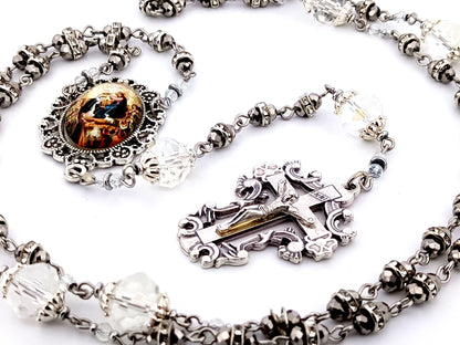 Coronation of Mary faceted glass and cubic zirconia rosary beads with filigree crucifix.