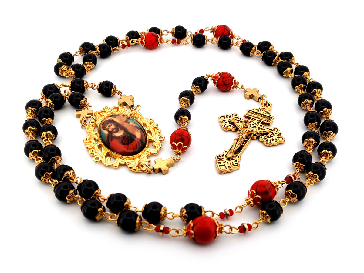 Carrying of the Cross onyx and howlite gemstone unique rosary beads with gold plated Pardon crucifix.