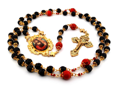 Carrying of the Cross onyx and howlite gemstone unique rosary beads with gold plated Pardon crucifix.
