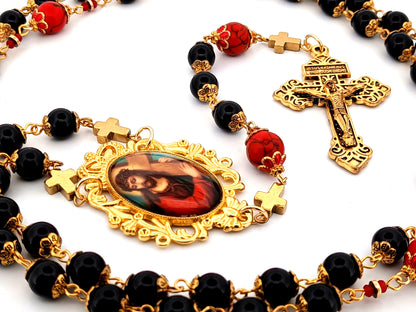Carrying of the Cross onyx and howlite gemstone unique rosary beads with gold plated Pardon crucifix.