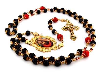 Carrying of the Cross onyx and howlite gemstone unique rosary beads with gold plated Pardon crucifix.