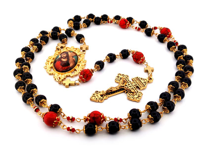 Carrying of the Cross onyx and howlite gemstone unique rosary beads with gold plated Pardon crucifix.