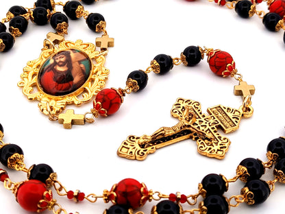 Carrying of the Cross onyx and howlite gemstone unique rosary beads with gold plated Pardon crucifix.