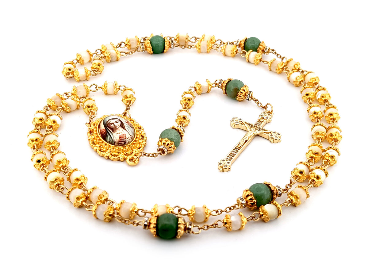 Virgin Mary mother of pearl and peridot gemstone unique rosary beads with 18K gold plated cubic zirconia crucifix.
