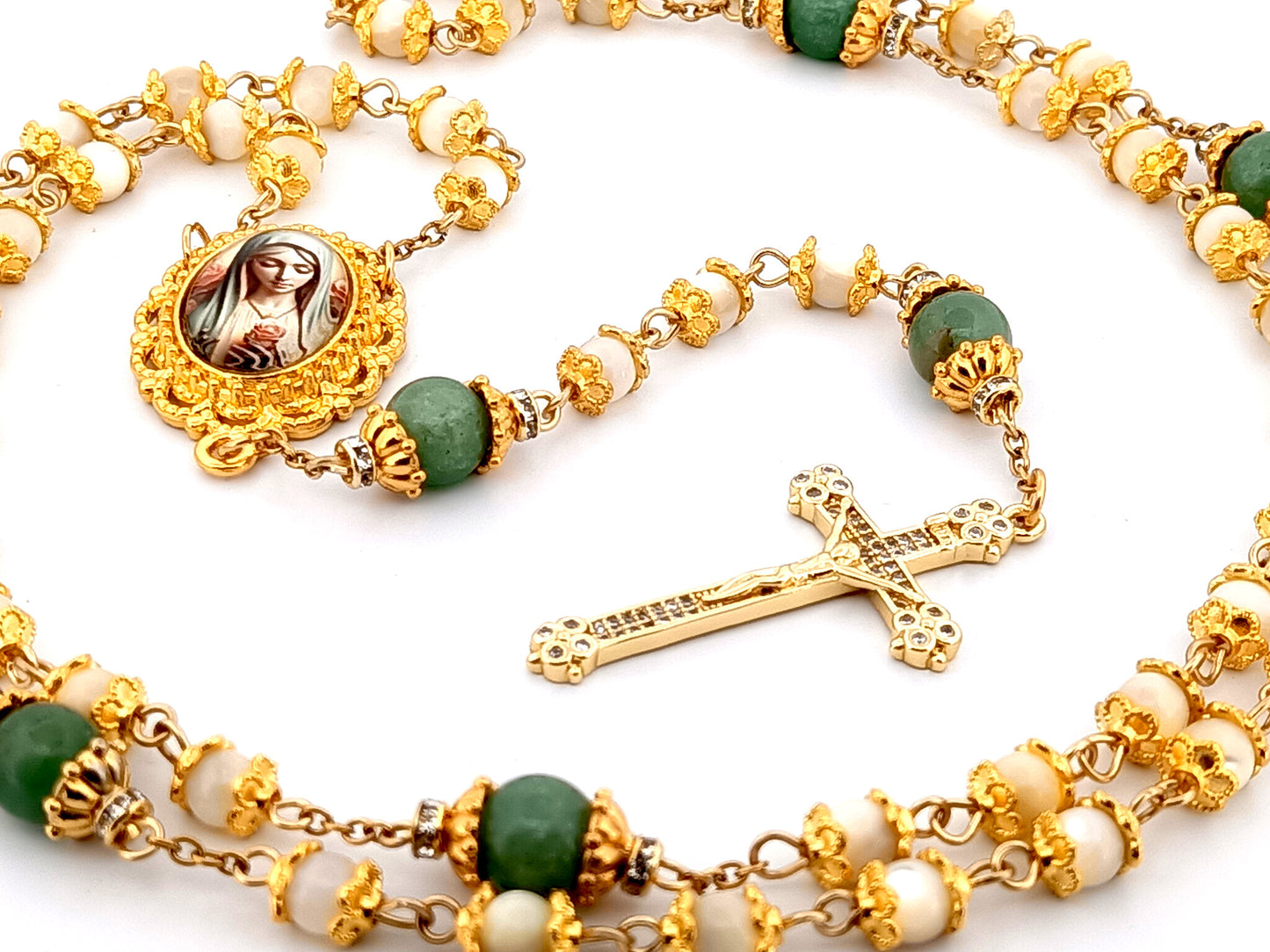 Virgin Mary mother of pearl and peridot gemstone unique rosary beads with 18K gold plated cubic zirconia crucifix.