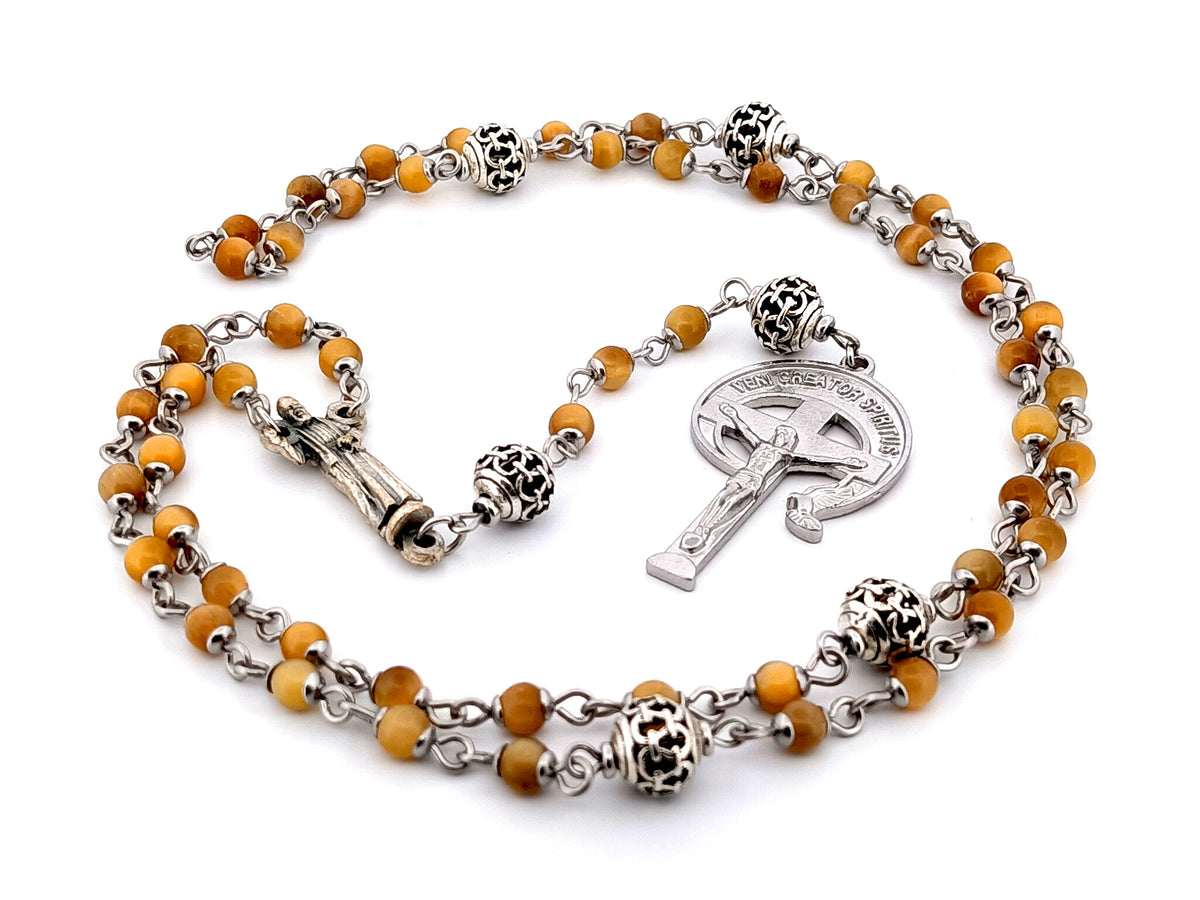 Saint Padre Pio tigers eye gemstone and silver rosary bead necklace with stainless steel crucifix.
