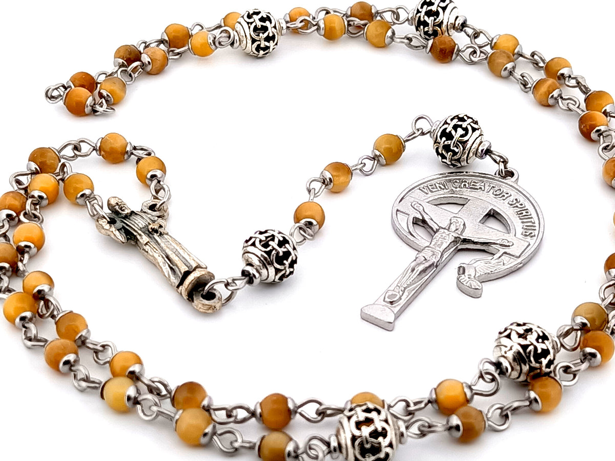 Saint Padre Pio tigers eye gemstone and silver rosary bead necklace with stainless steel crucifix.