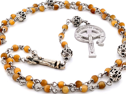 Saint Padre Pio tigers eye gemstone and silver rosary bead necklace with stainless steel crucifix.