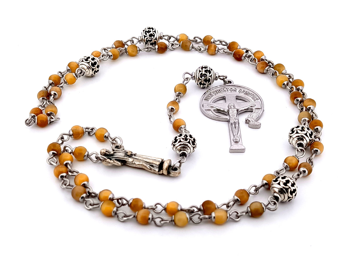 Saint Padre Pio tigers eye gemstone and silver rosary bead necklace with stainless steel crucifix.