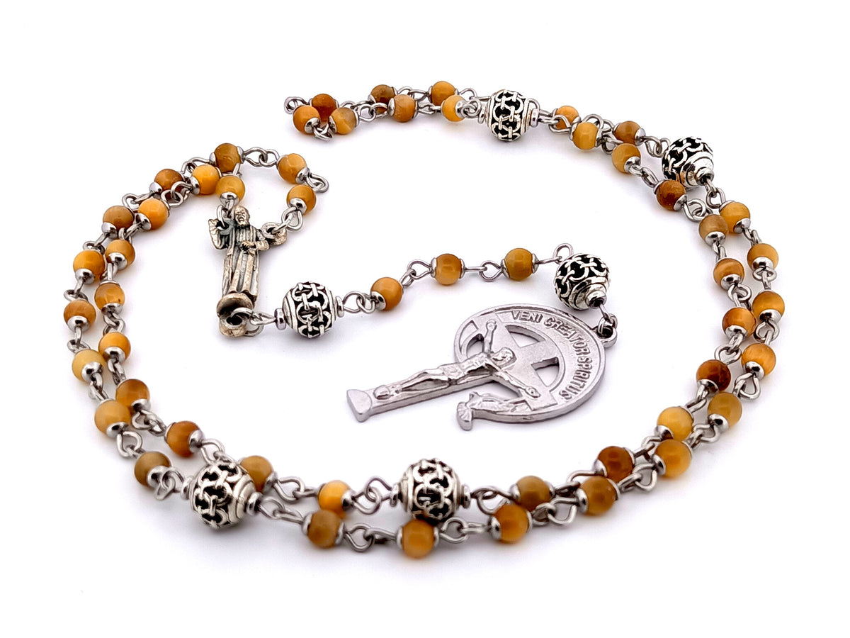 Saint Padre Pio tigers eye gemstone and silver rosary bead necklace with stainless steel crucifix.