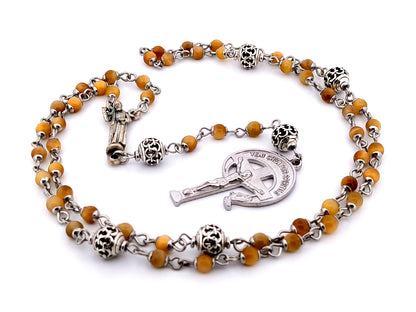 Saint Padre Pio tigers eye gemstone and silver rosary bead necklace with stainless steel crucifix.