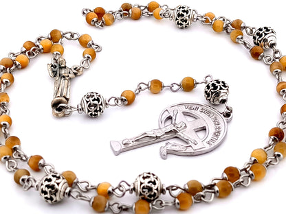 Saint Padre Pio tigers eye gemstone and silver rosary bead necklace with stainless steel crucifix.