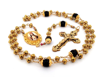 Christ the King gold plated silver and onyx gemstone unique rosary beads with gold plated filigree crucifix.