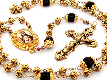 Christ the King gold plated silver and onyx gemstone unique rosary beads with gold plated filigree crucifix.