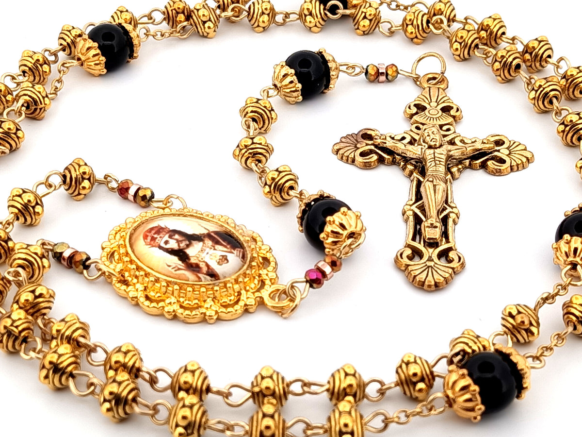 Christ the King gold plated silver and onyx gemstone unique rosary beads with gold plated filigree crucifix.