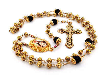 Christ the King gold plated silver and onyx gemstone unique rosary beads with gold plated filigree crucifix.