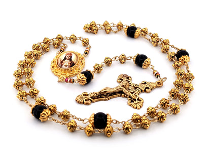 Christ the King gold plated silver and onyx gemstone unique rosary beads with gold plated filigree crucifix.