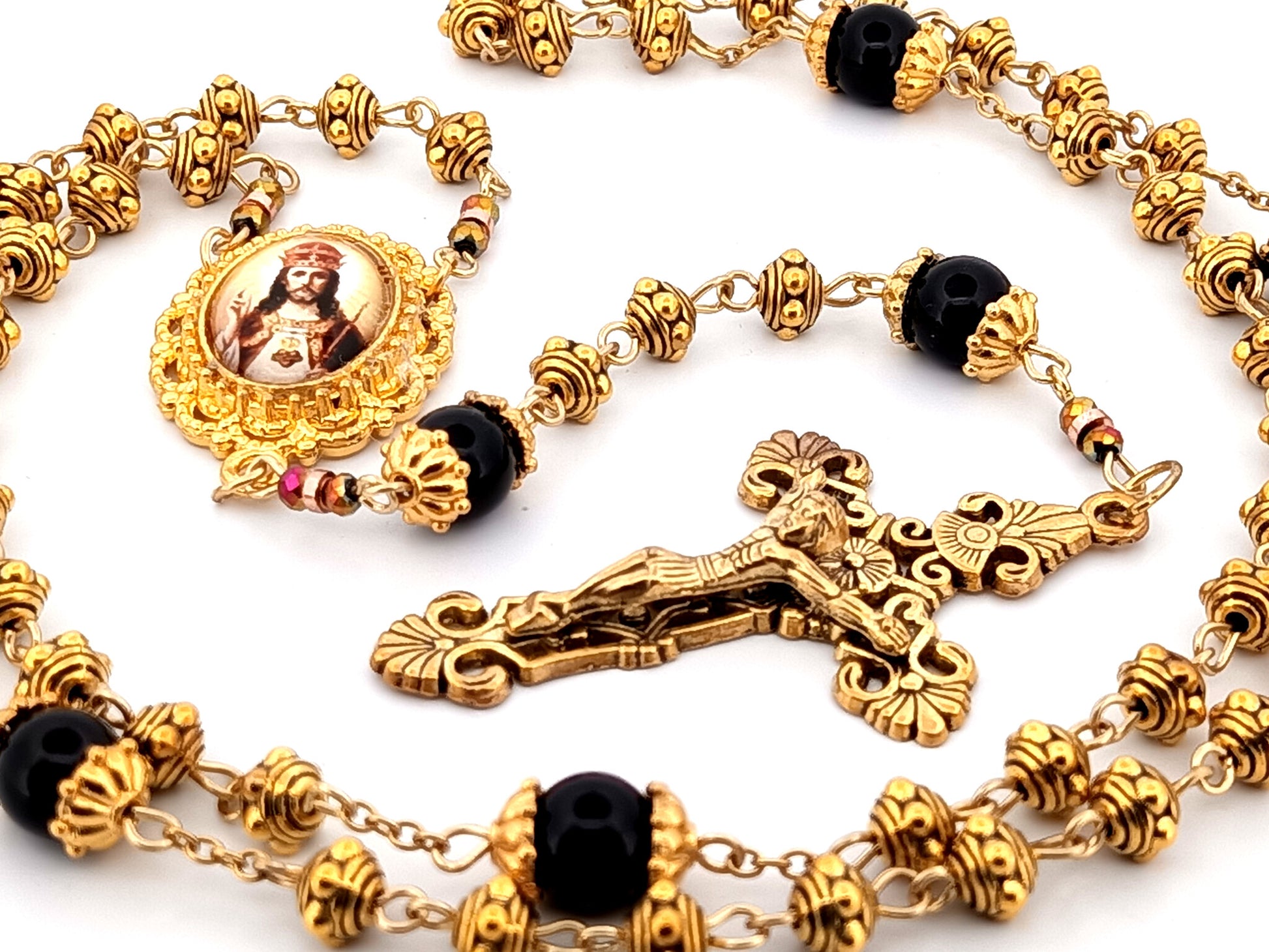 Christ the King gold plated silver and onyx gemstone unique rosary beads with gold plated filigree crucifix.