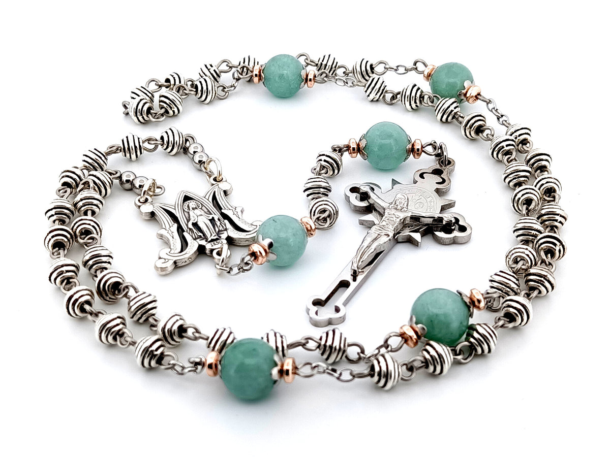 Miraculous Medal silver and jade gemstone unique rosary beads with Stainless steel Saint Benedict crucifix.