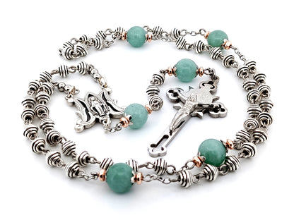 Miraculous Medal silver and jade gemstone unique rosary beads with Stainless steel Saint Benedict crucifix.