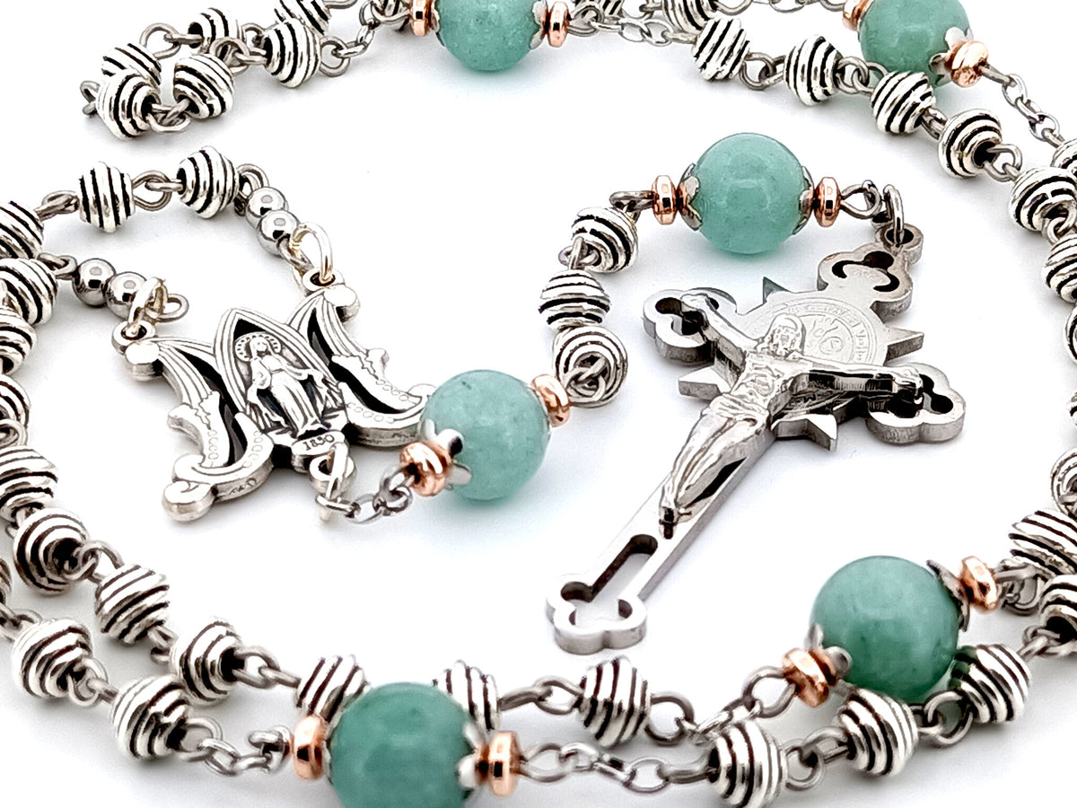 Miraculous Medal silver and jade gemstone unique rosary beads with Stainless steel Saint Benedict crucifix.