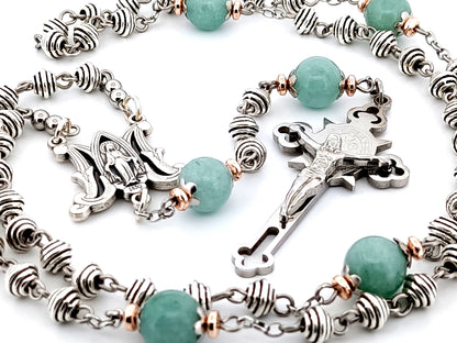 Miraculous Medal silver and jade gemstone unique rosary beads with Stainless steel Saint Benedict crucifix.