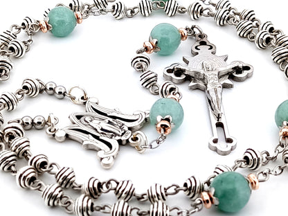 Miraculous Medal silver and jade gemstone unique rosary beads with Stainless steel Saint Benedict crucifix.