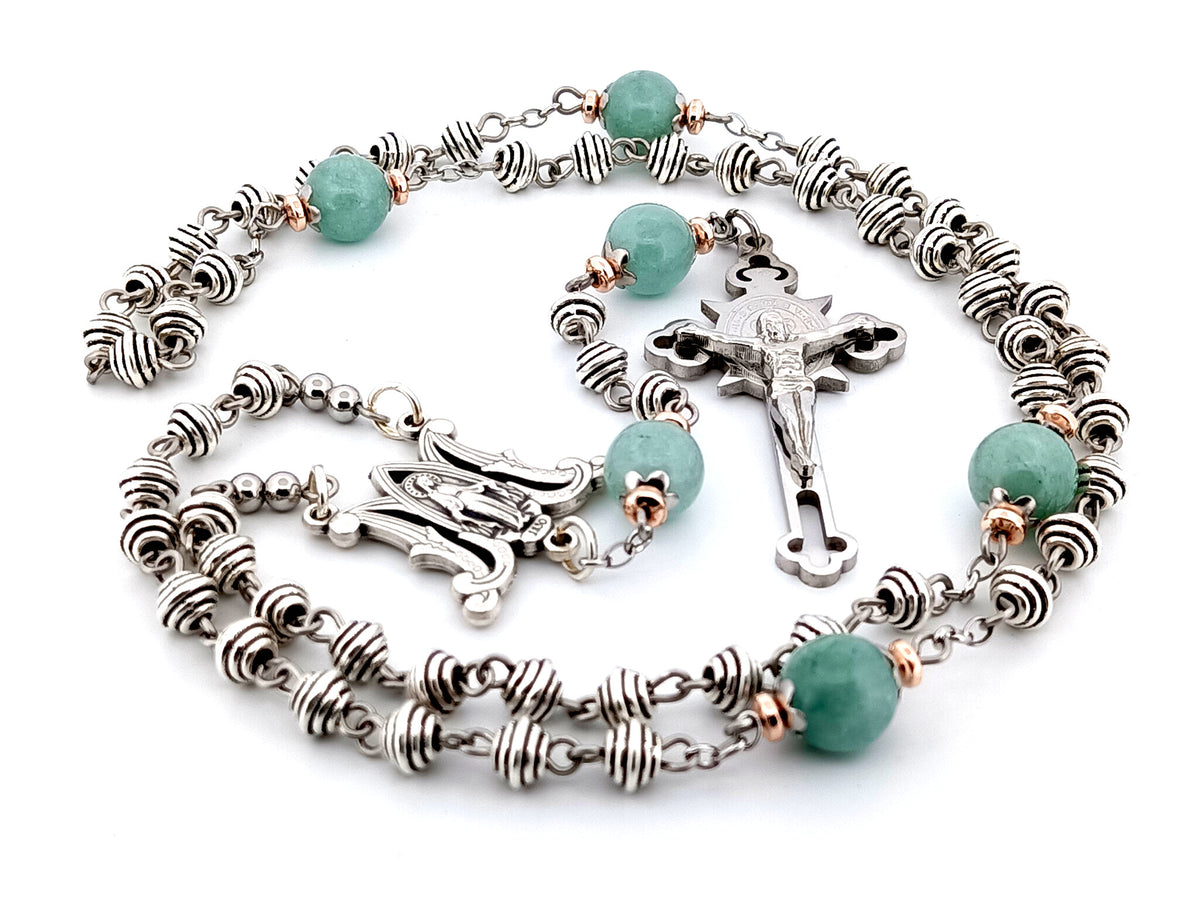 Miraculous Medal silver and jade gemstone unique rosary beads with Stainless steel Saint Benedict crucifix.