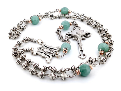 Miraculous Medal silver and jade gemstone unique rosary beads with Stainless steel Saint Benedict crucifix.