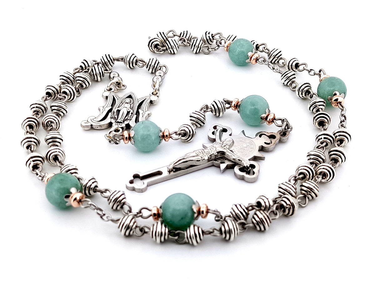 Miraculous Medal silver and jade gemstone unique rosary beads with Stainless steel Saint Benedict crucifix.