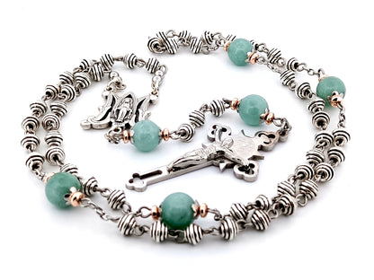 Miraculous Medal silver and jade gemstone unique rosary beads with Stainless steel Saint Benedict crucifix.