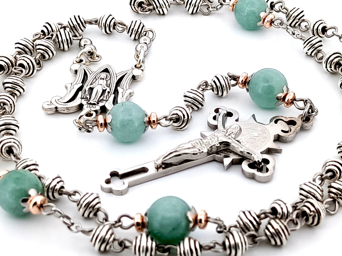 Miraculous Medal silver and jade gemstone unique rosary beads with Stainless steel Saint Benedict crucifix.