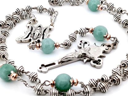 Miraculous Medal silver and jade gemstone unique rosary beads with Stainless steel Saint Benedict crucifix.