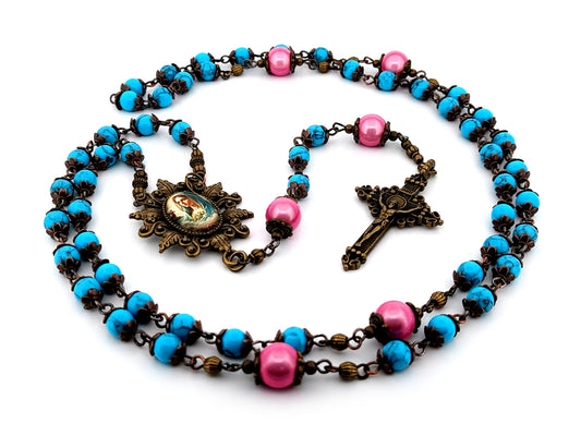 Virgin Mary turquoise gemstone unique  rosary beads with bronze filigree crucifix.