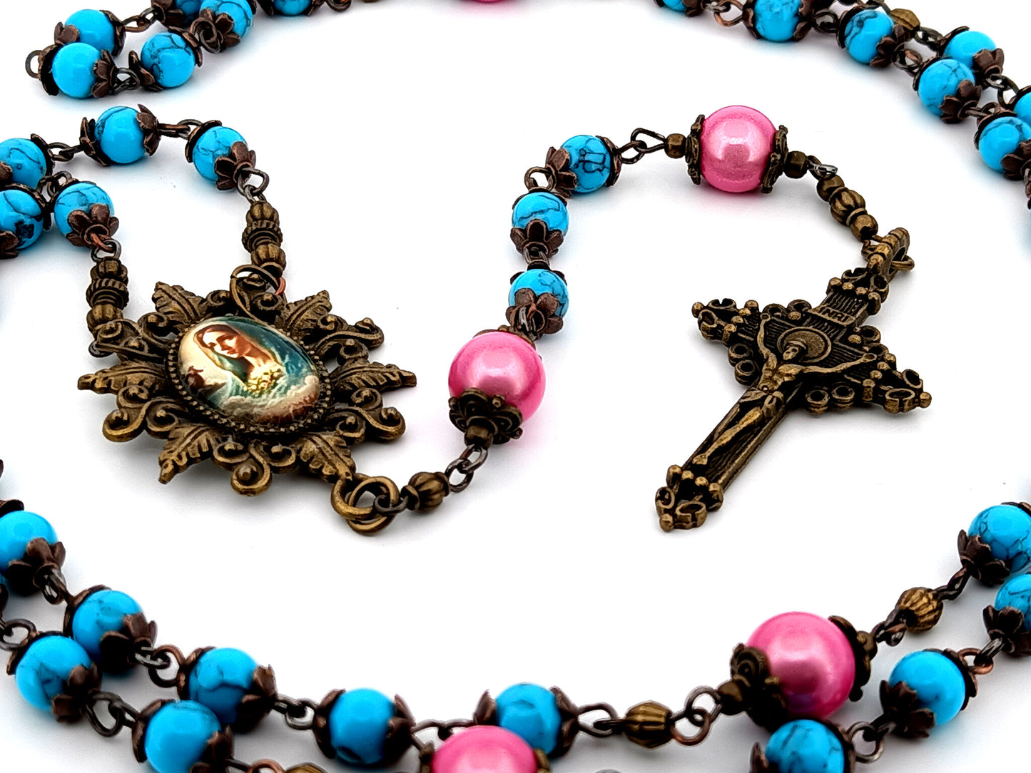 Virgin Mary turquoise gemstone unique  rosary beads with bronze filigree crucifix.