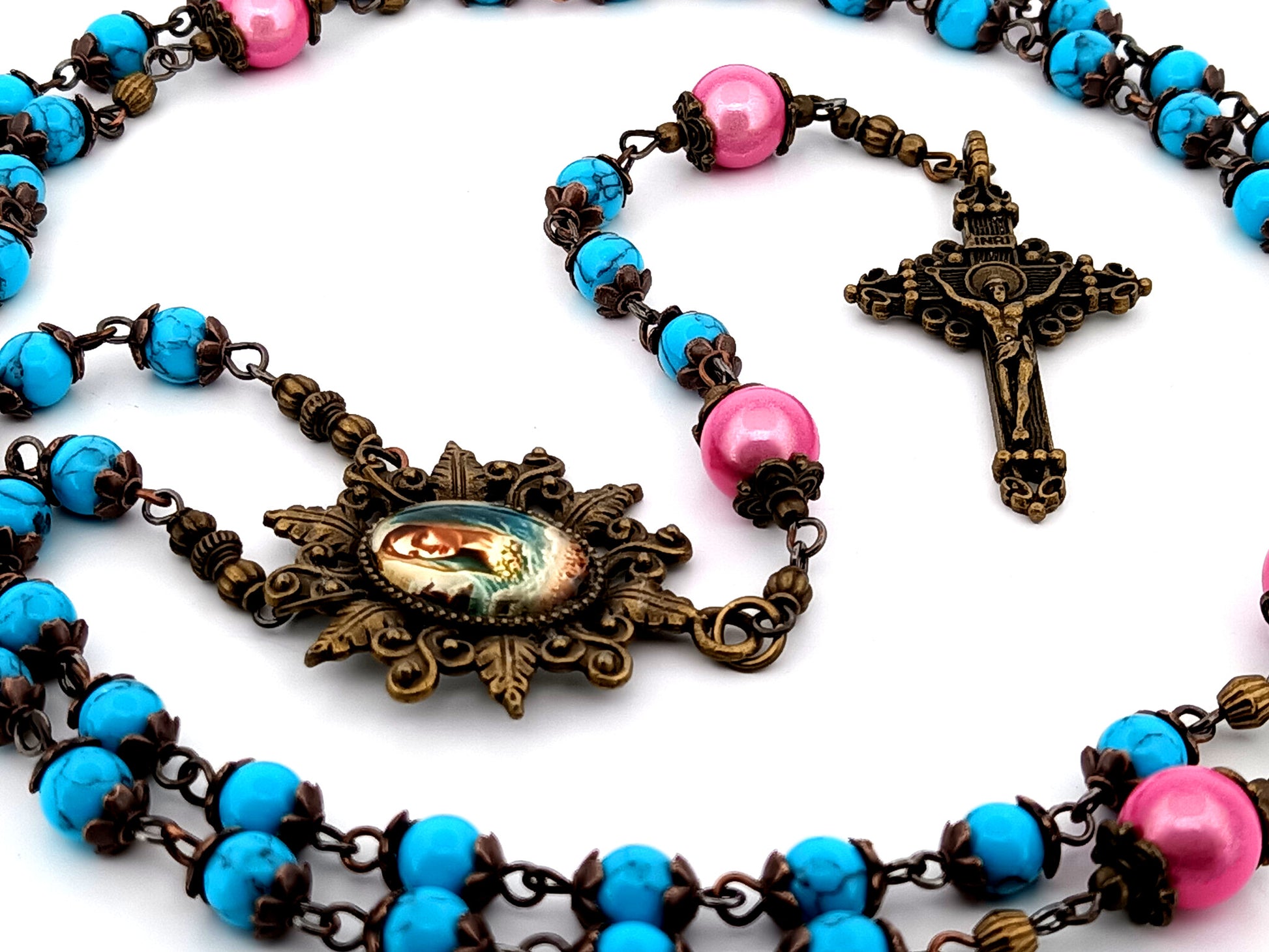 Virgin Mary turquoise gemstone unique  rosary beads with bronze filigree crucifix.