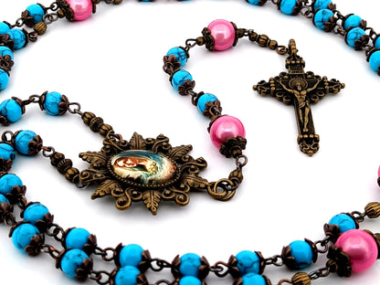 Virgin Mary turquoise gemstone unique  rosary beads with bronze filigree crucifix.