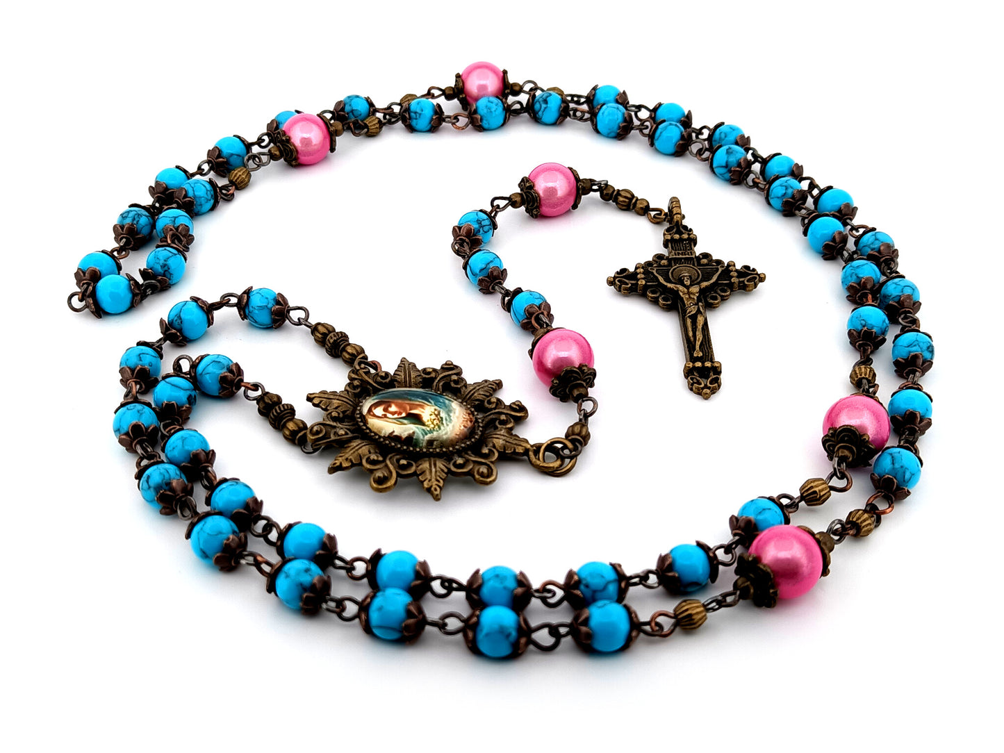 Virgin Mary turquoise gemstone unique  rosary beads with bronze filigree crucifix.