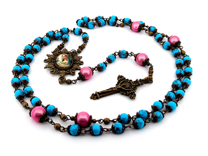Virgin Mary turquoise gemstone unique  rosary beads with bronze filigree crucifix.