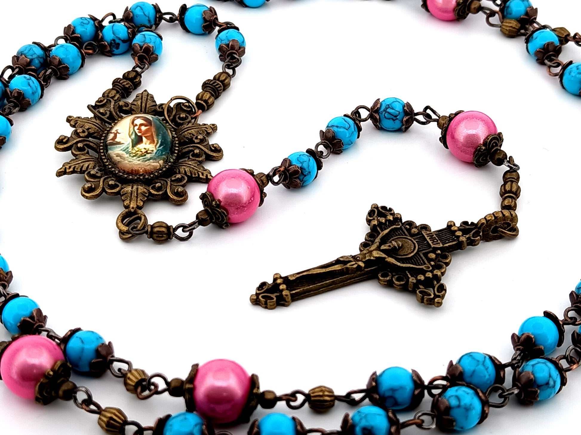 Virgin Mary turquoise gemstone unique  rosary beads with bronze filigree crucifix.