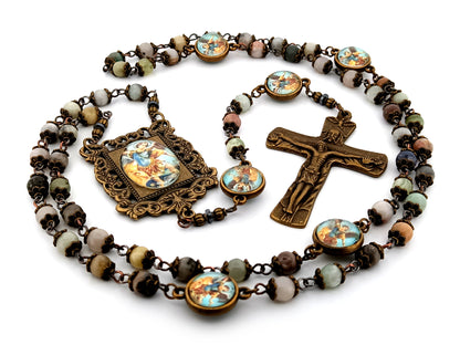 Saint Michael crazy lace agate gemstone unique rosary beads with bronze Holy Trinity crucifix.